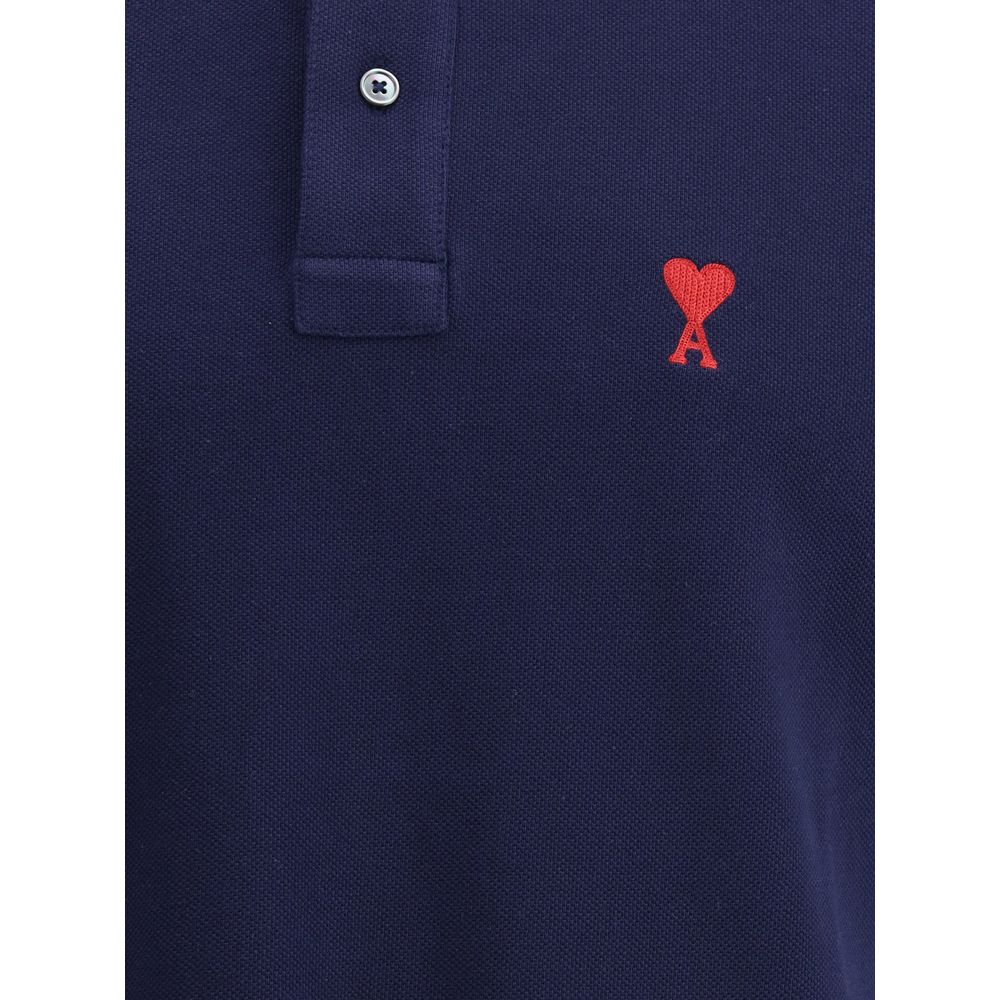 Ami Paris Polo En Coton Bleu Avec Logo Contrasté Classique