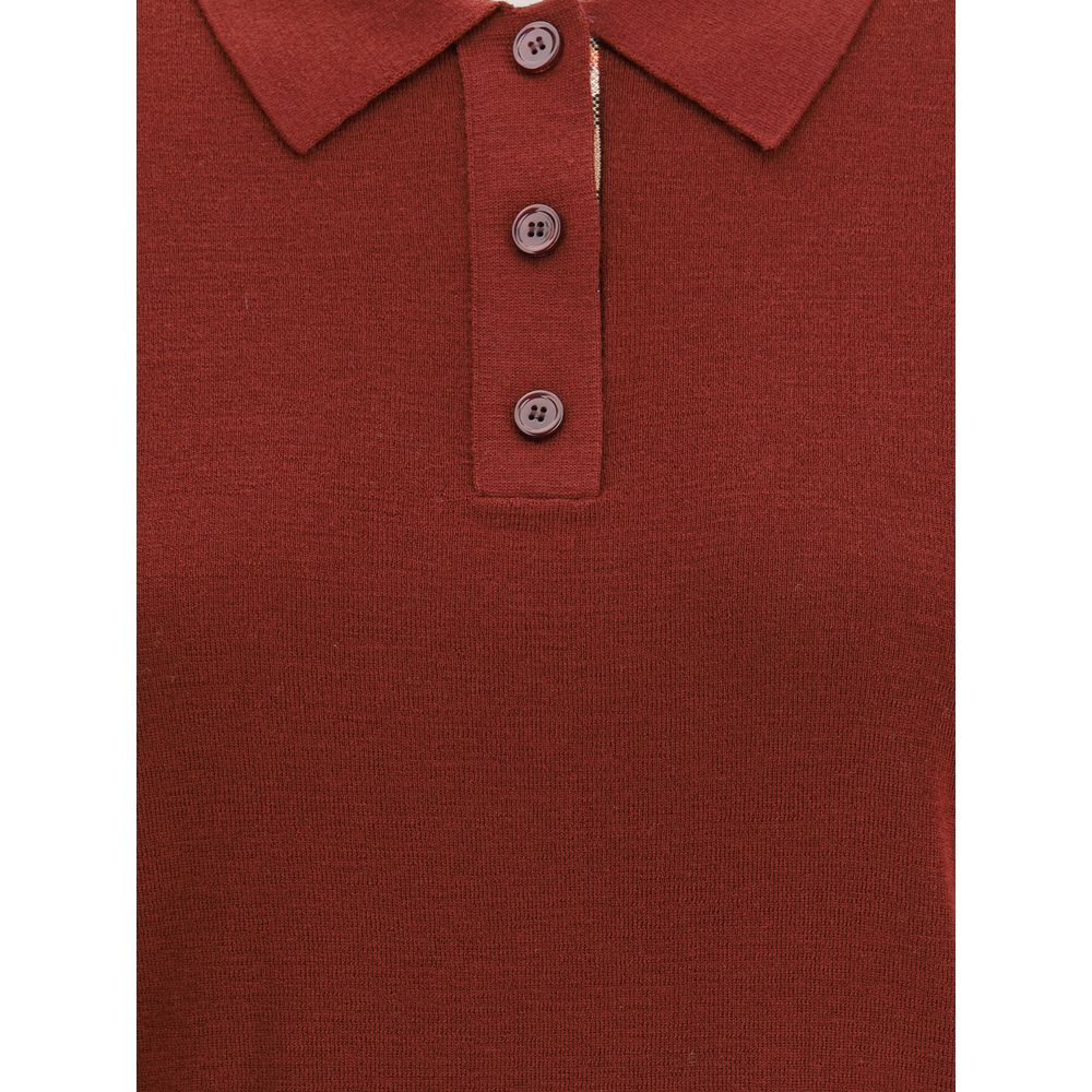 Polo Burberry En Laine Bordeaux Avec Motif Check Sur Patte De Boutonnage