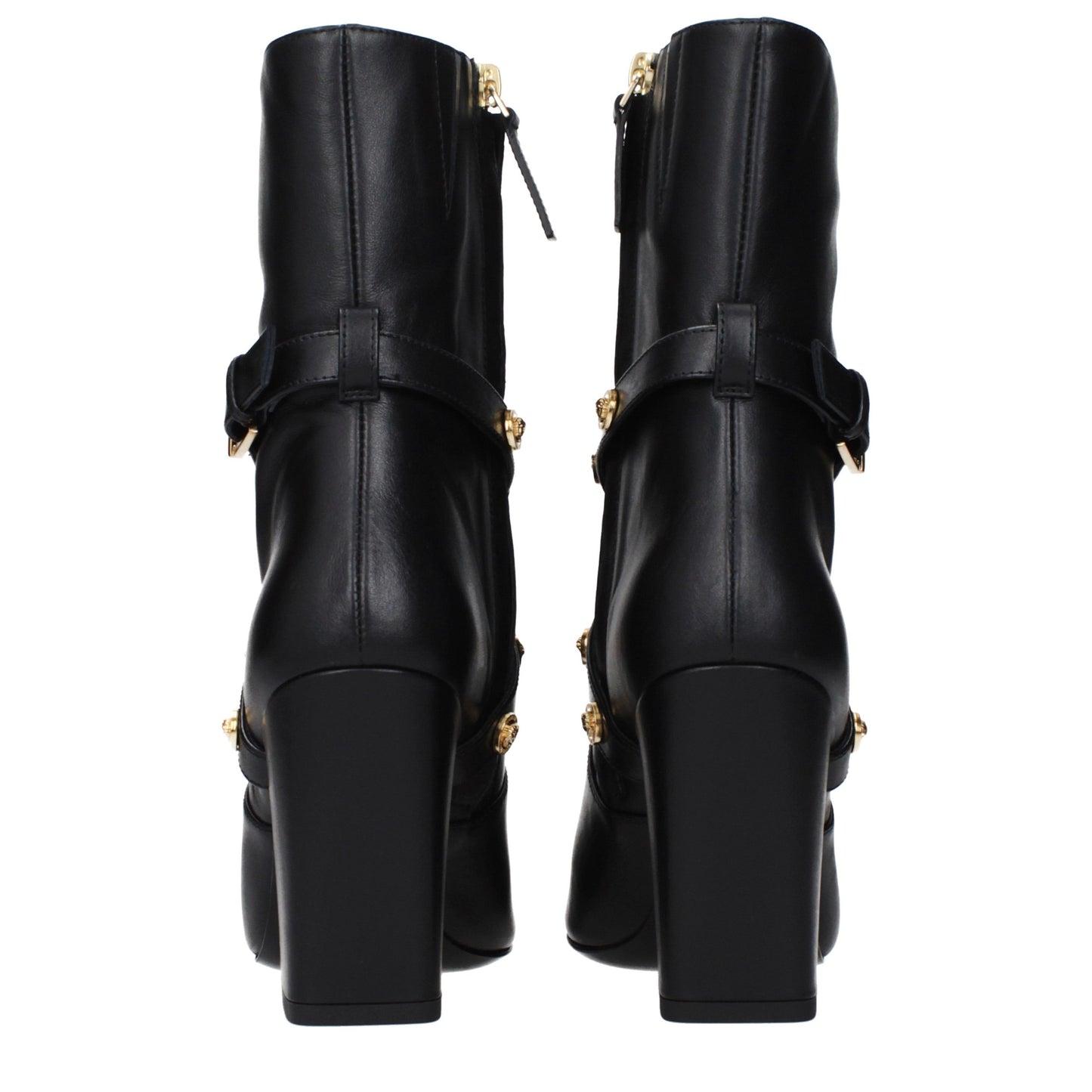 Versace – Bottines en Cuir Noir à Talon Carré 9,5 cm | Fermeture Zip