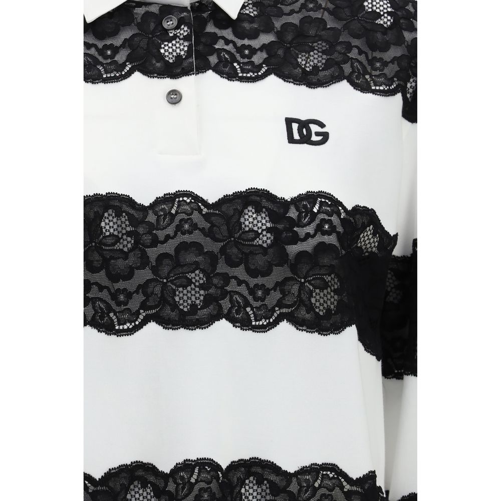 Dolce & Gabbana Polo Manches Longues Blanc — Inserts Dentelle & Logo Noir | SS26