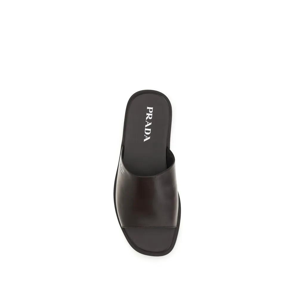 Prada Brown Calf Leather Bos Taurus Flat Sandals by Prada