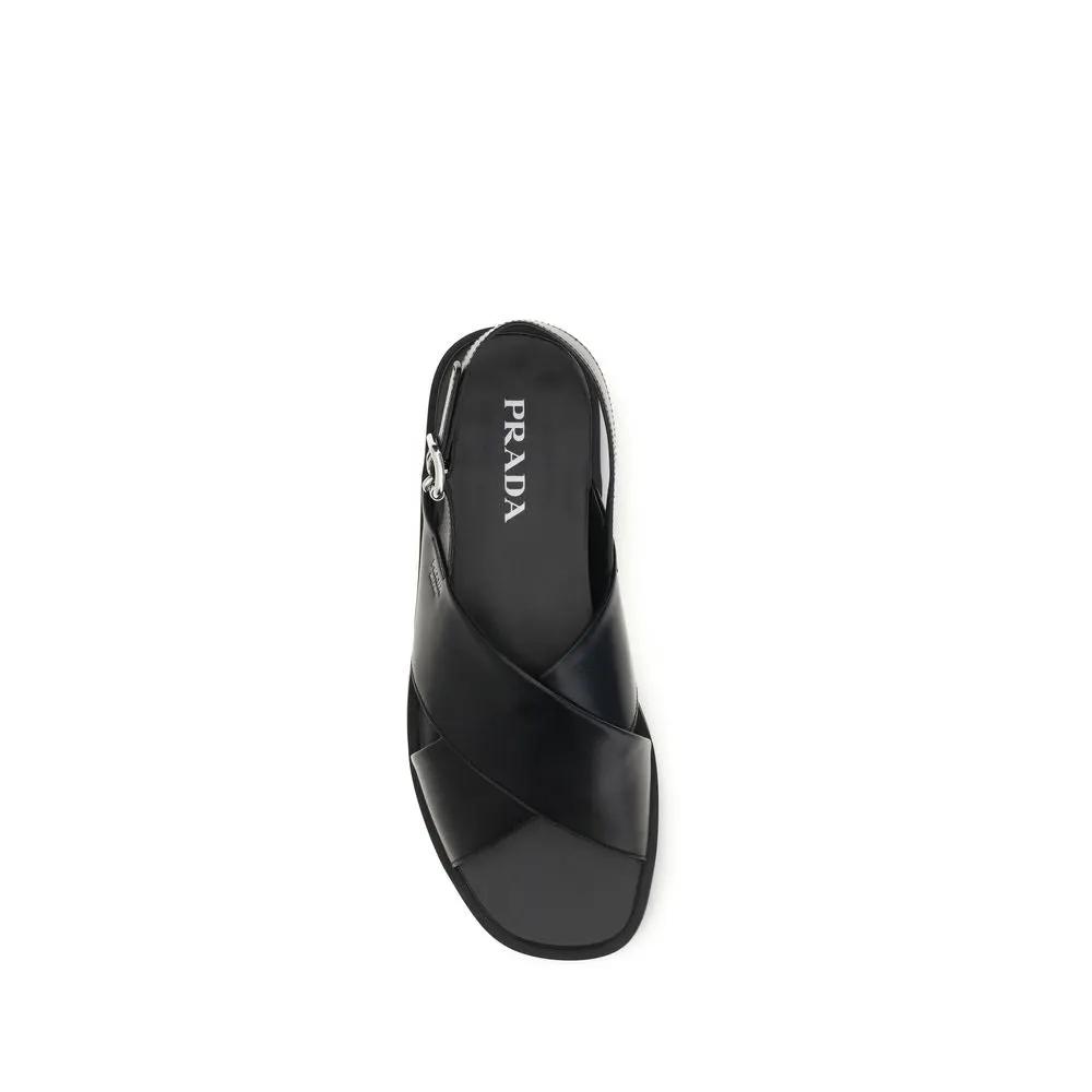 Prada Black Calf Leather Bos Taurus Flat Sandals by Prada