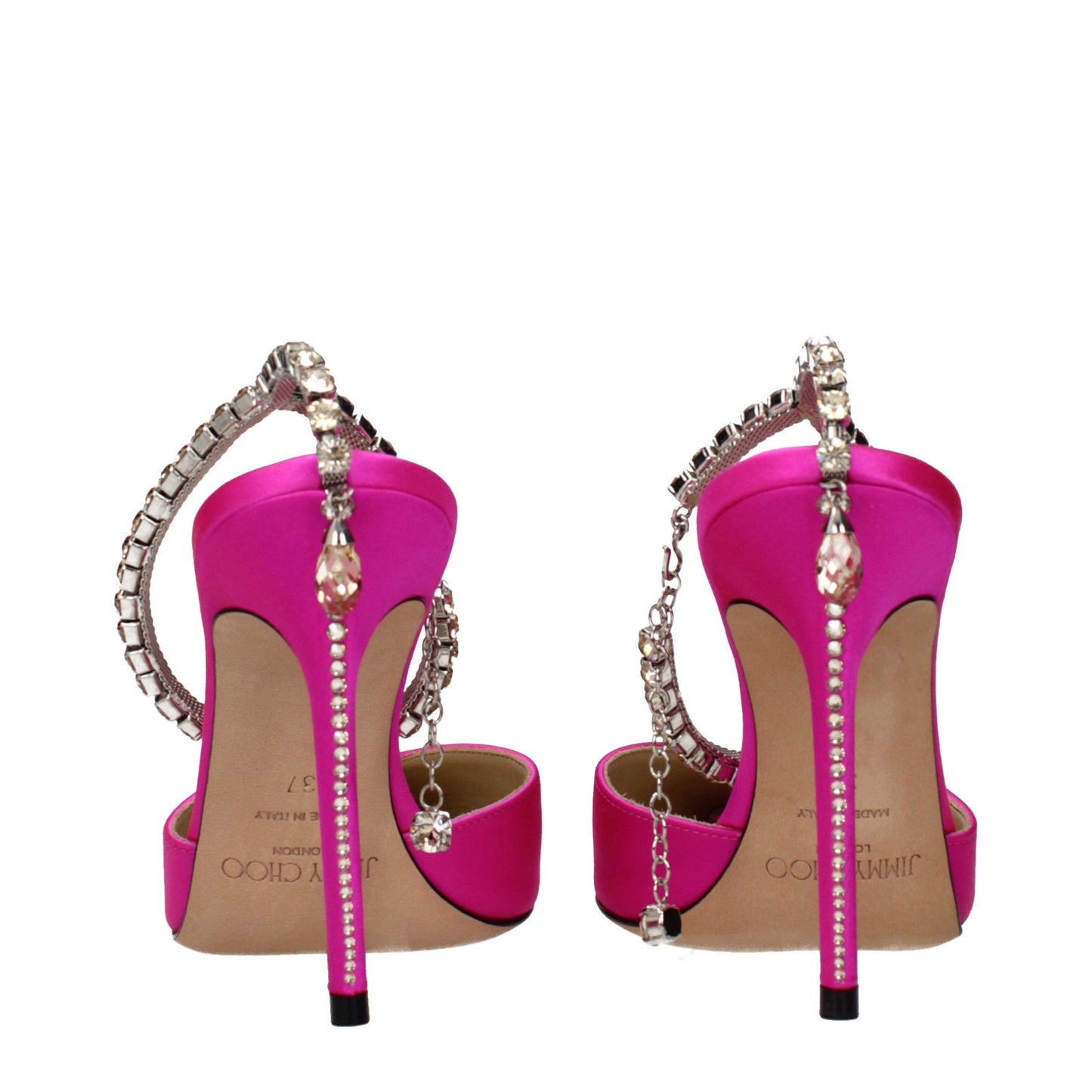 Jimmy Choo – Sandales Saeda à Talon Aiguille Satin Fuchsia | Cristaux Honey | Femme