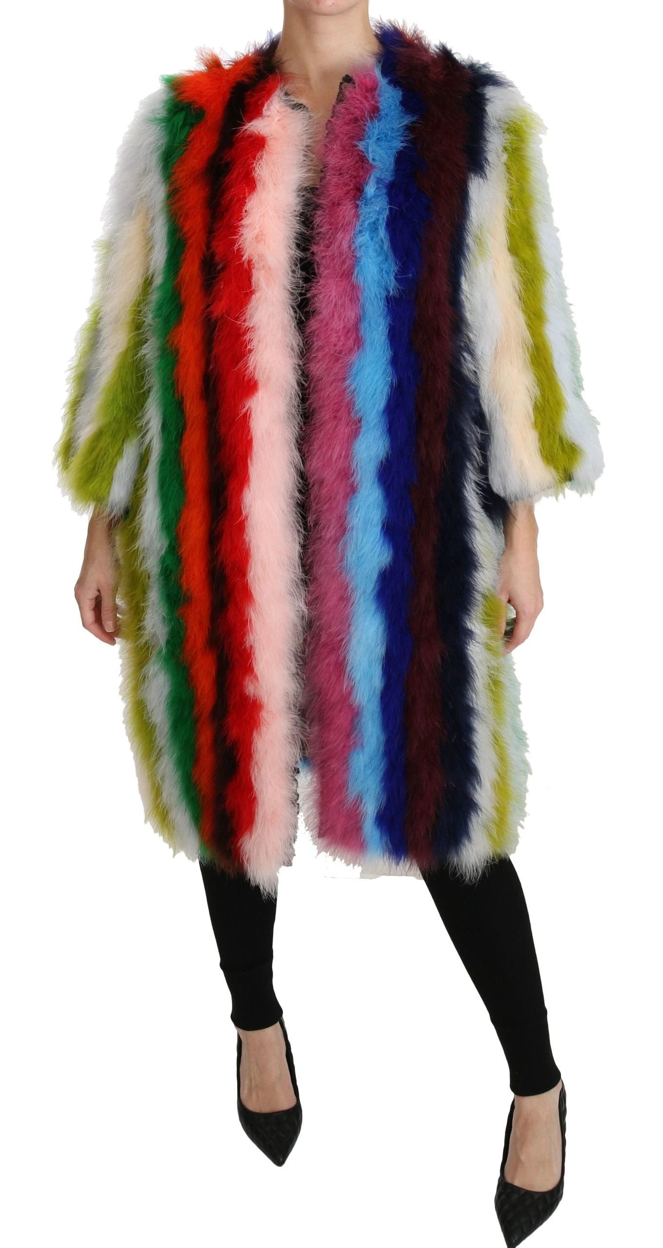 Dolce & Gabbana Multicolor Turkey Feather Cape Fur Coat by Dolce & Gabbana