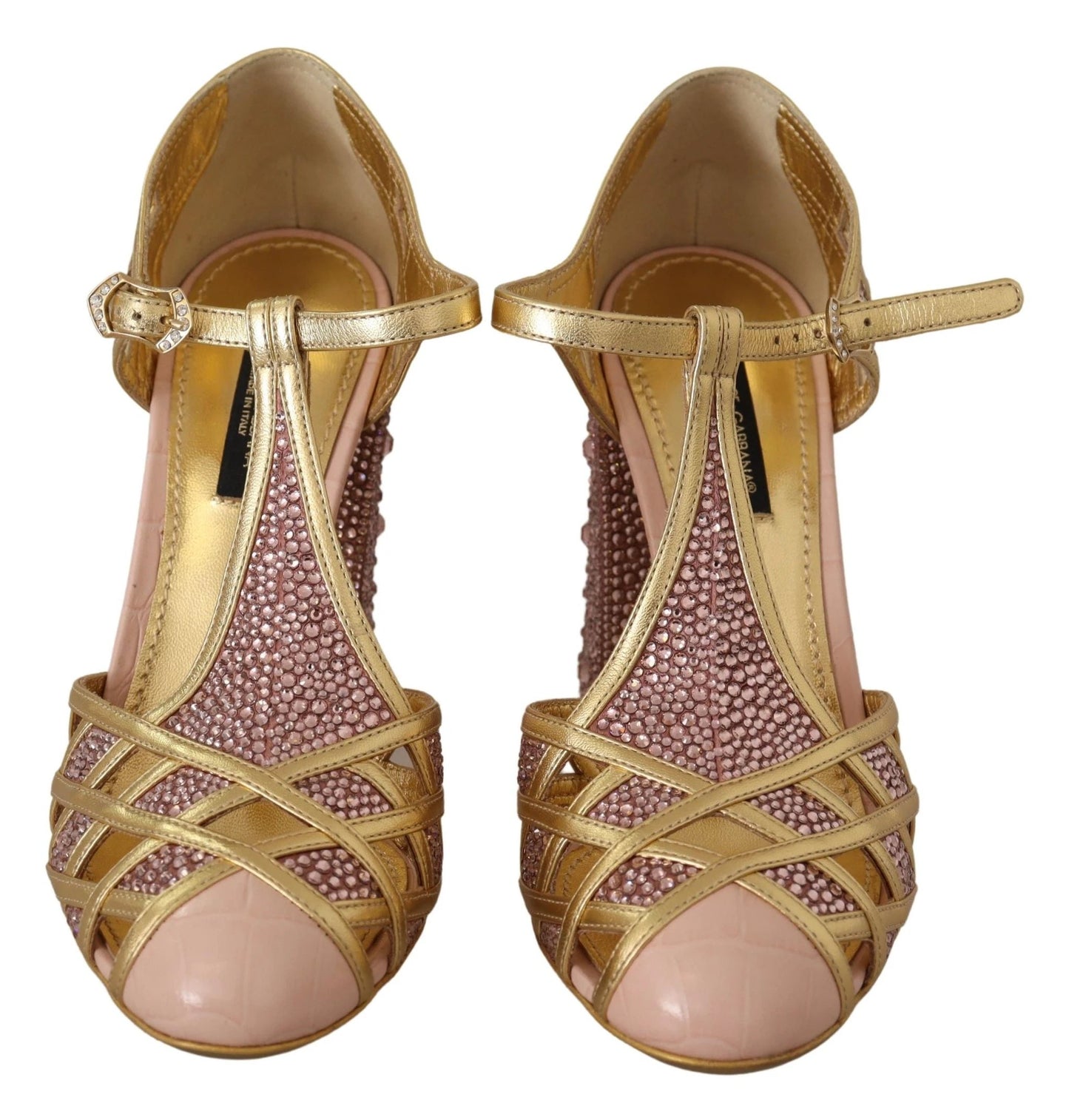 Dolce & Gabbana Pink Gold Leather Crystal Pumps T-strap Shoes by Dolce & Gabbana