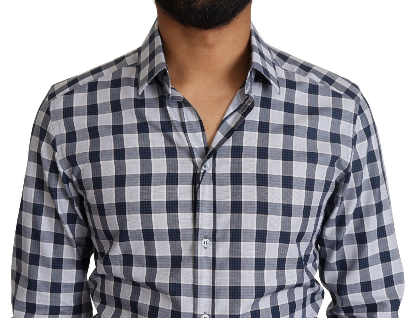 Dolce & Gabbana Blue White Check Cotton Slim Fit GOLD Shirt by Dolce & Gabbana