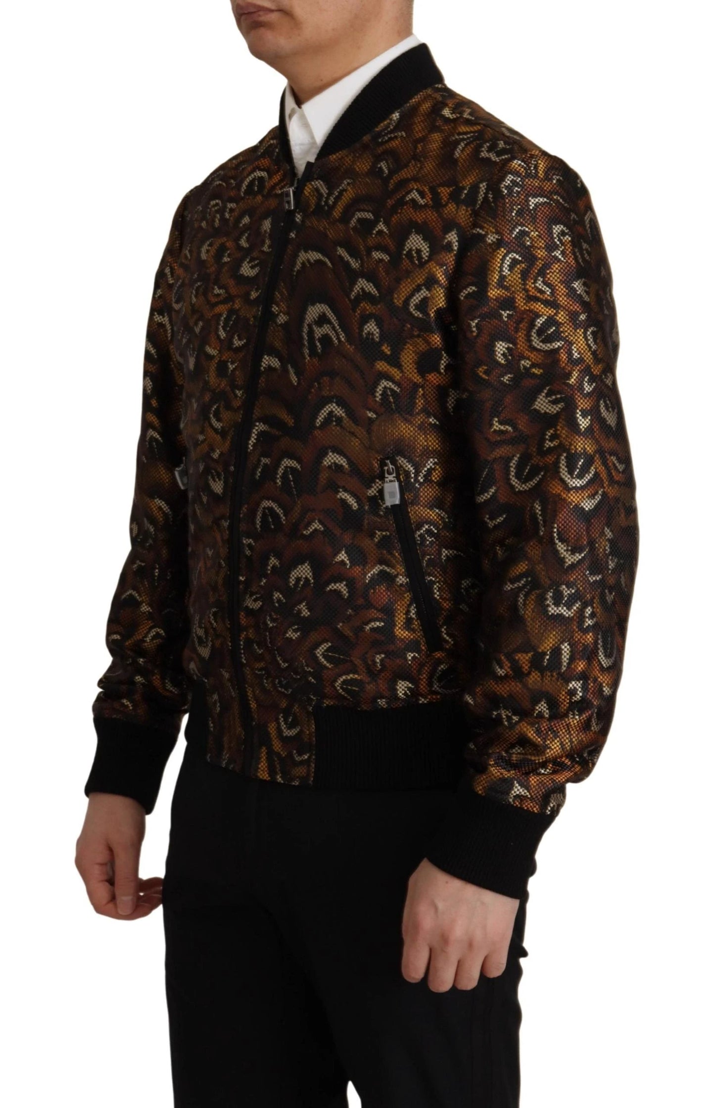 Dolce & Gabbana Brown Feather Full Zip Blouson Jacket by Dolce & Gabbana