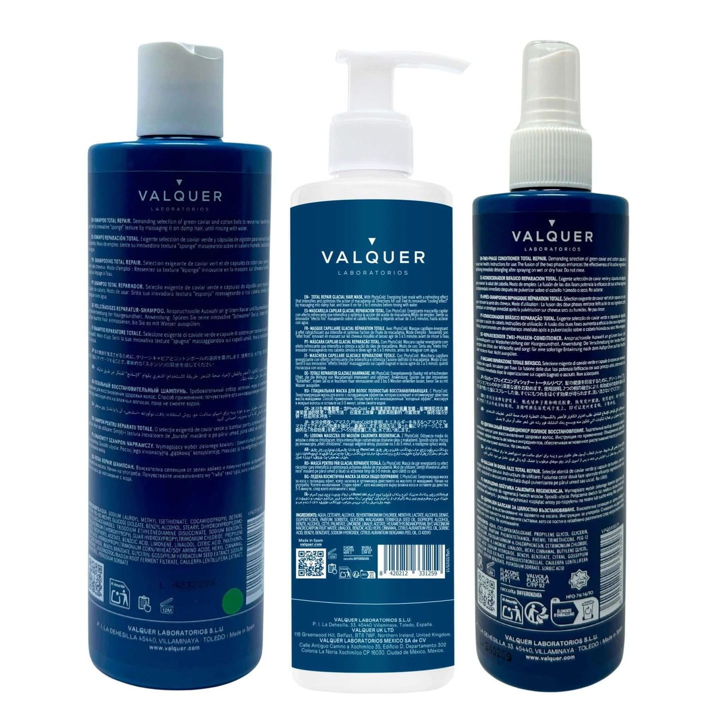 Pack Total Repair para Cabellos Dañados - Champú, Mascarilla y Acondicionador Bifásico - 975 ml by Valquer®