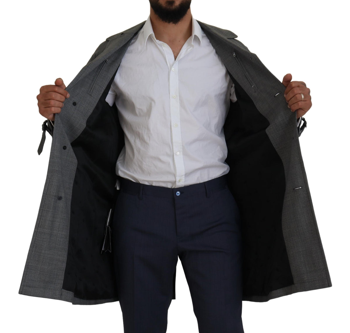 Trench Dolce & Gabbana homme long en laine à carreaux gris – KOS2172