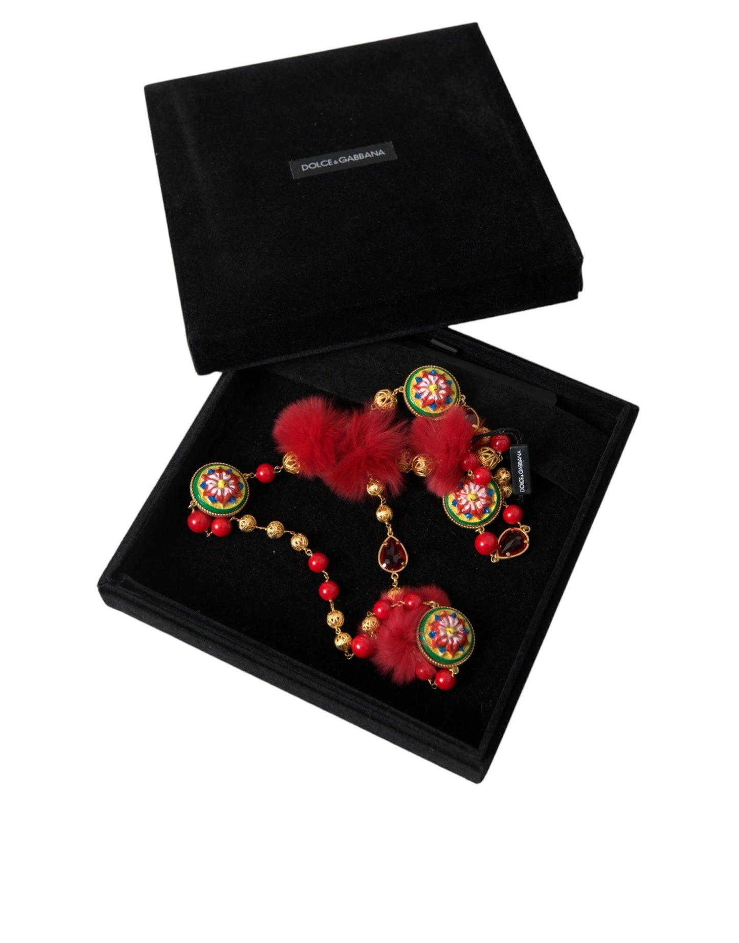 Dolce & Gabbana Gold Brass Red Fur Crystal Carretto Chain Necklace by Dolce & Gabbana