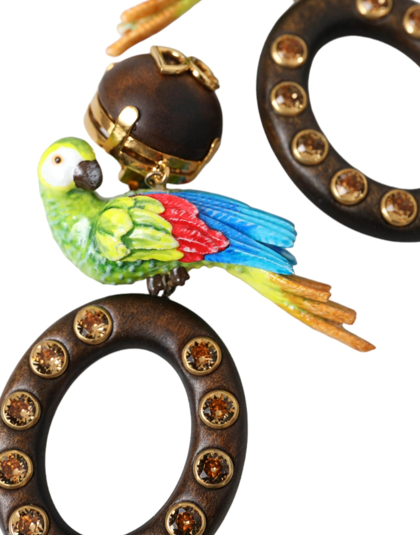 Dolce & Gabbana Multicolor Parrot Wood Brass Crystal Embellished Earrings by Dolce & Gabbana