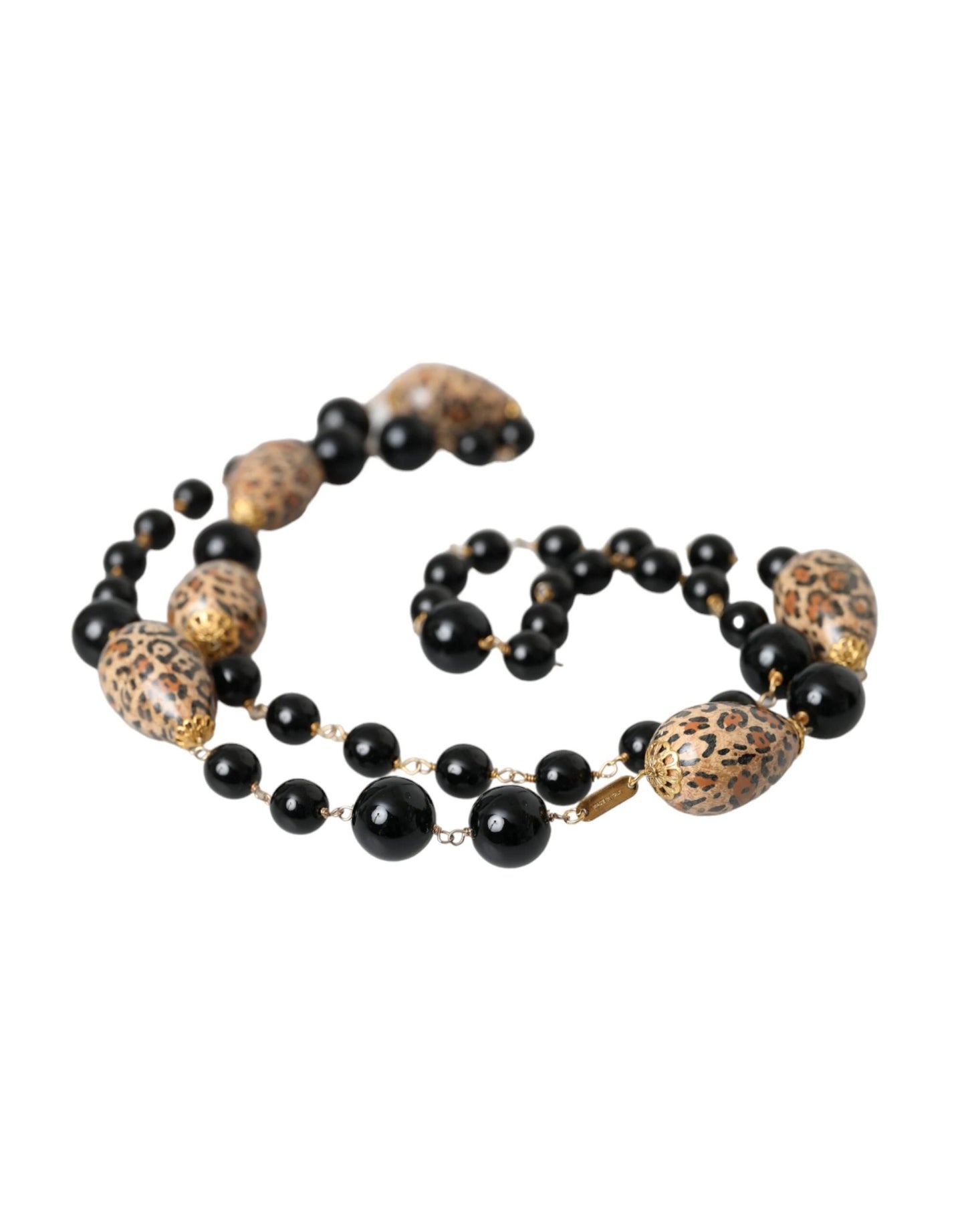 Dolce & Gabbana Gold Tone Brass Black Printed Beaded Long Chain Necklace by Dolce & Gabbana