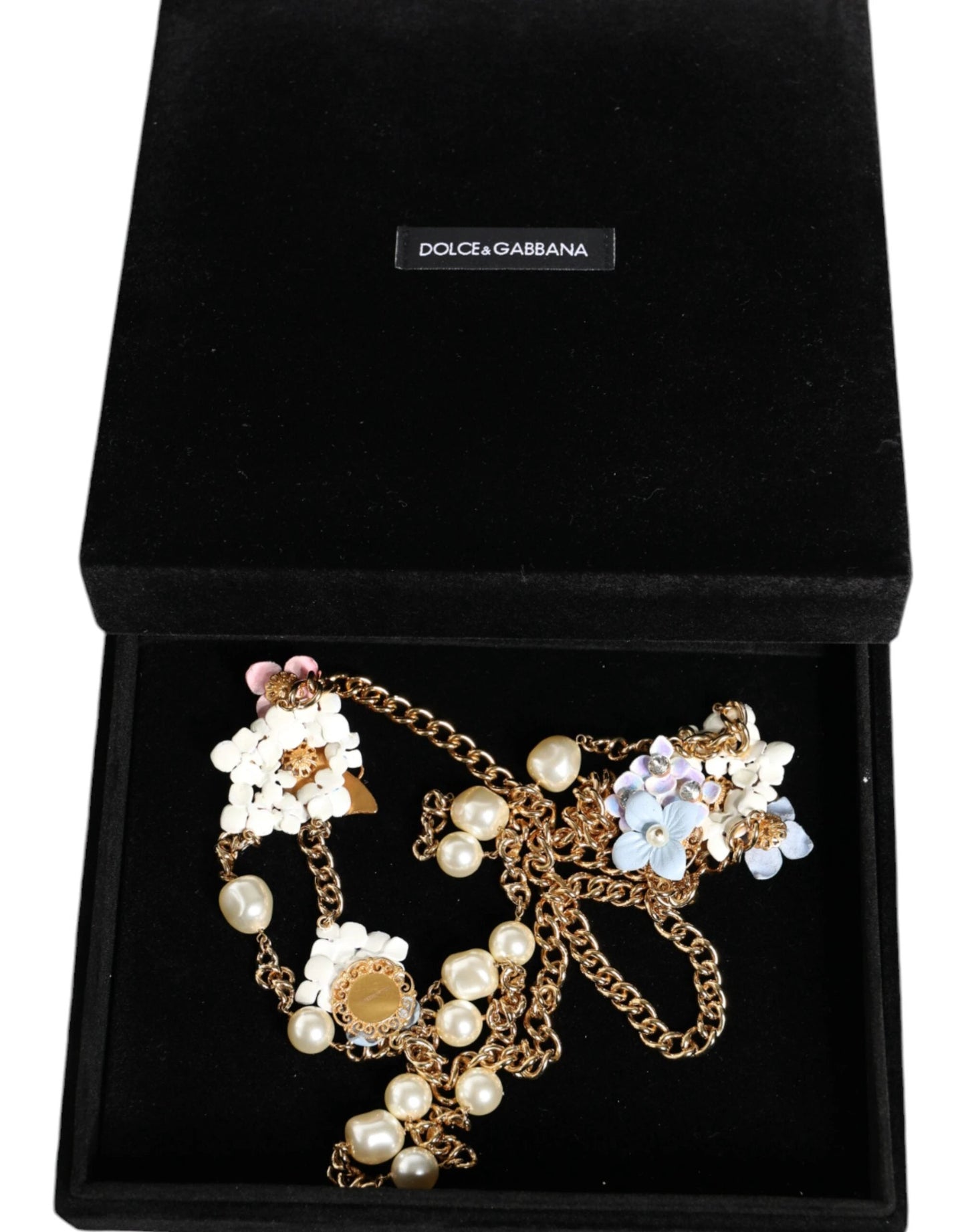 Dolce & Gabbana Gold Chain Brass Floral Layered Crystal Pearl Necklace by Dolce & Gabbana