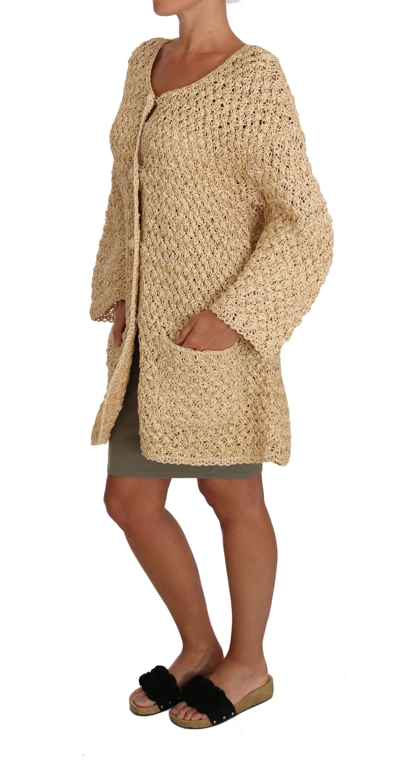 Dolce & Gabbana Beige Cardigan Crochet Knitted Raffia Sweater by Dolce & Gabbana