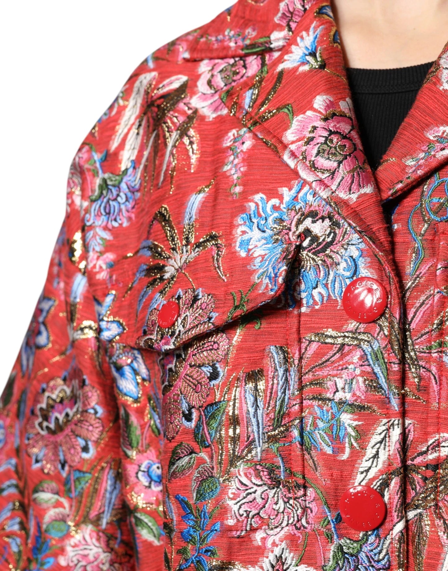 Dolce & Gabbana Red Floral Jacquard Button Down Coat Jacket by Dolce & Gabbana