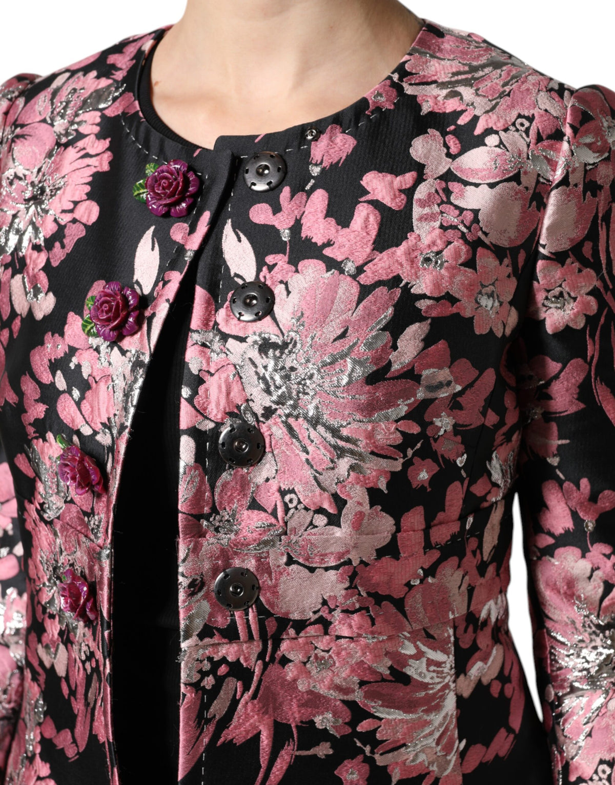 Trench Dolce & Gabbana femme en brocart fleuri rose et noir – JKT41386