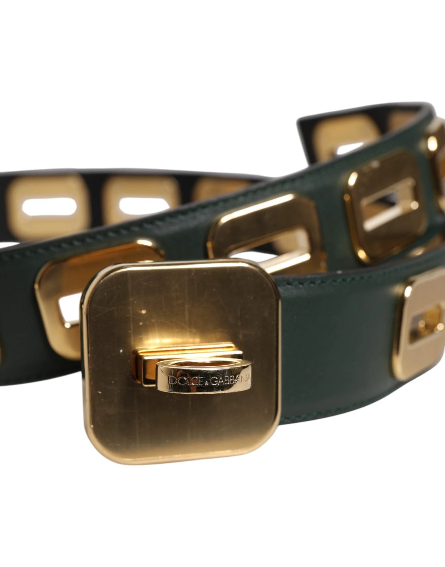 Dolce & Gabbana Green Leather Gold Tone Rotating Buckle Belt by Dolce & Gabbana