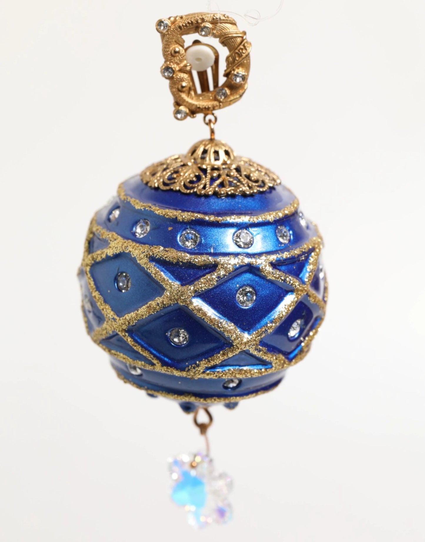 Dolce & Gabbana Gold Brass Blue Christmas Ball Crystal Drop Clip On Earrings by Dolce & Gabbana