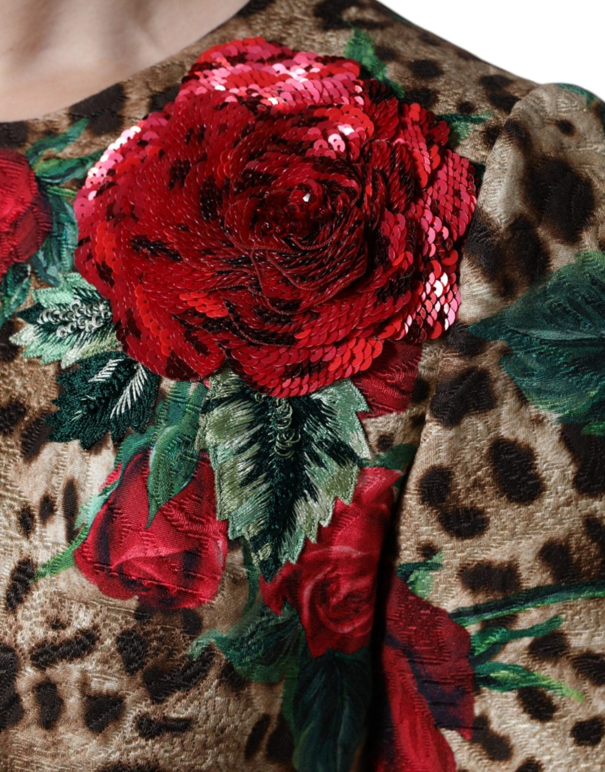 Dolce & Gabbana Brown Leopard Red Roses Cotton A-line Dress - HBPS Beauty & Fashion