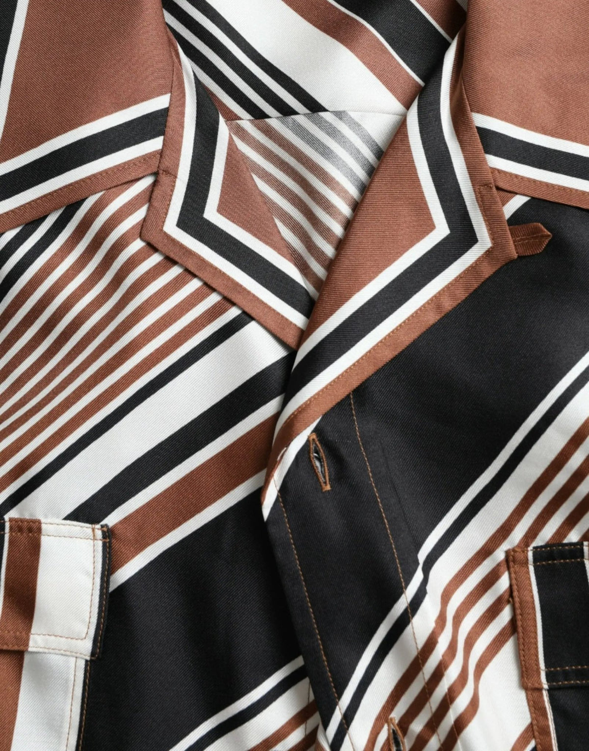 Dolce & Gabbana Brown White Silk Striped Short Sleeve Shirt - HBPS Beauty & Fashion