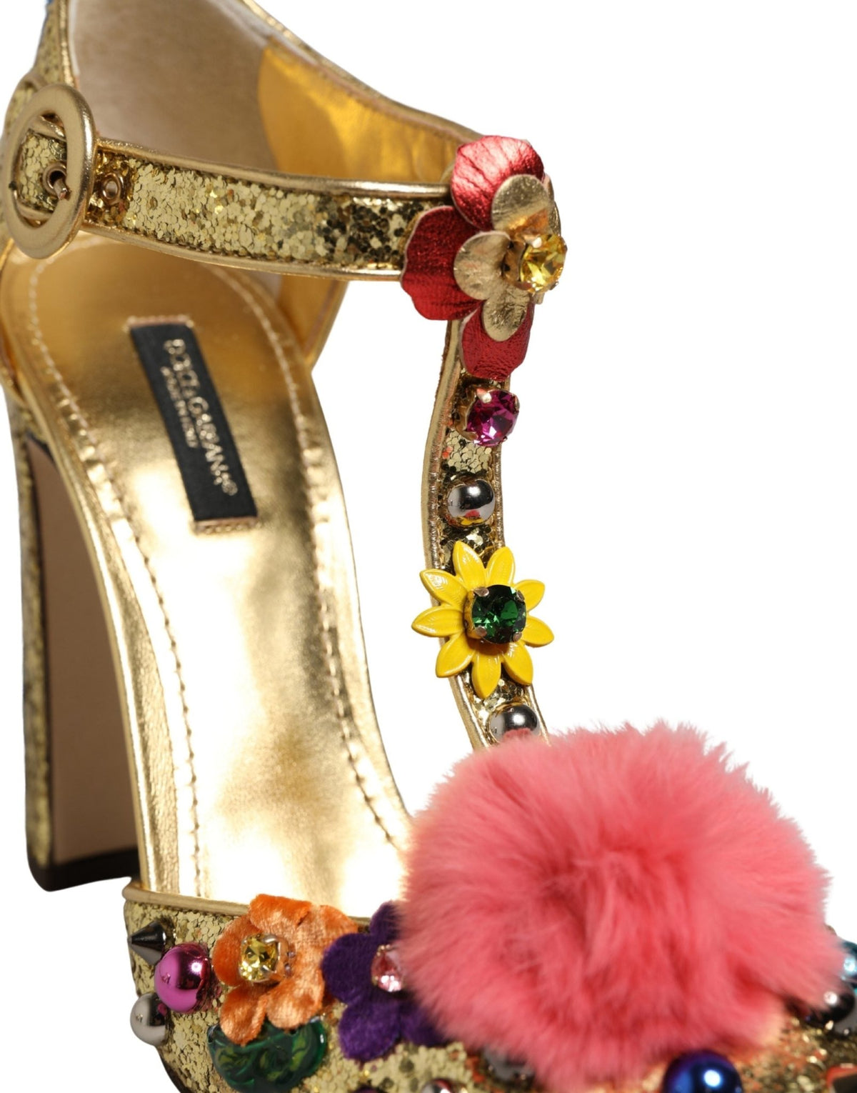 Dolce & Gabbana Gold Fur Trim Glitter T-strap Sandals Shoes - HBPS Beauty & Fashion