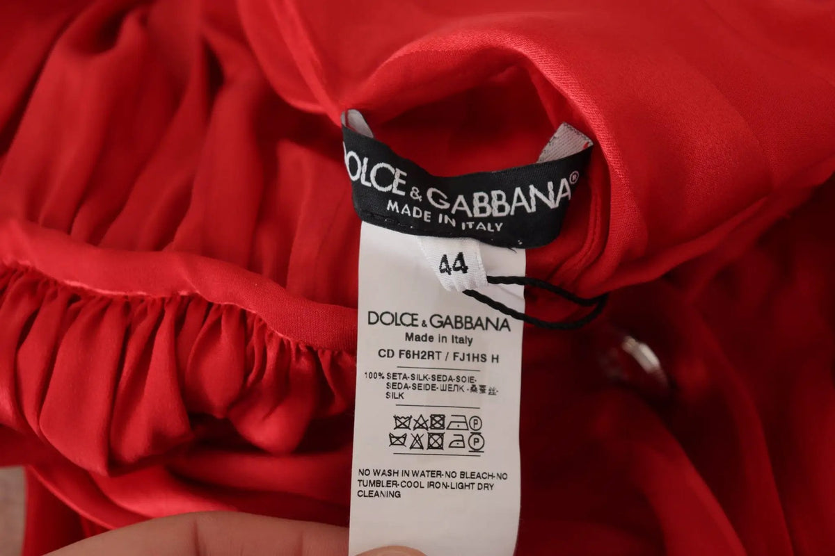 Dolce & Gabbana Red Button Down Belted Midi Satin Silk Dress - HBPS Beauty & Fashion