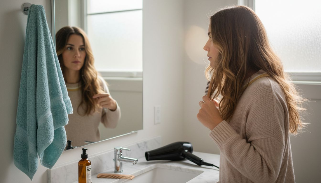 Une femme se coiffe tranquillement devant le miroir de sa salle de bain.