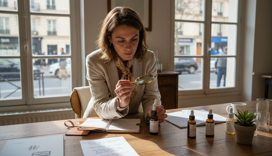 Une femme passe en revue des produits de beauté sur son bureau, examinant chaque détail avec attention.