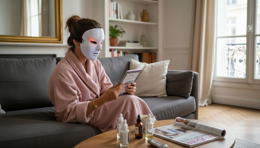 Une femme prend soin de sa peau chez elle grâce à un appareil de beauté.