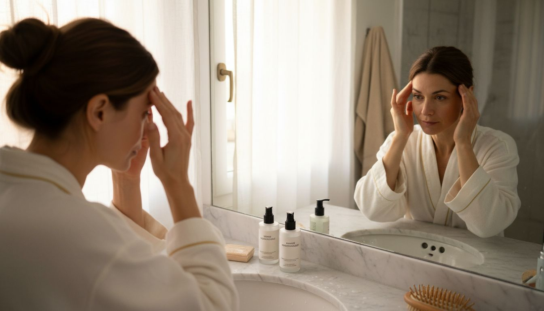 Devant son miroir, une femme se masse doucement le cuir chevelu.