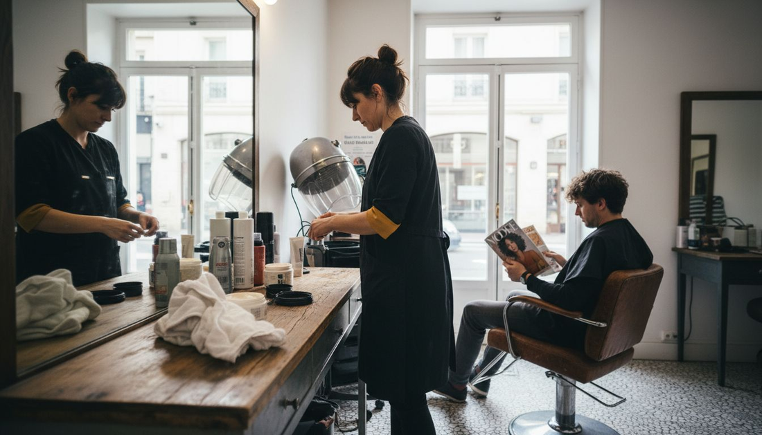 Un coiffeur prépare ses produits avant d’accueillir ses clients dans un salon professionnel.