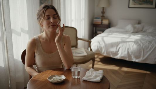 Une femme prend soin de sa peau en appliquant sa crème hydratante devant sa coiffeuse.