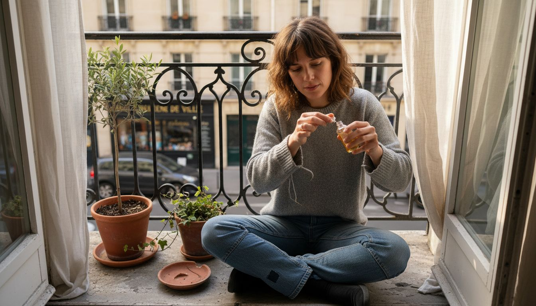 Sur son balcon parisien, une femme prend soin de ses cheveux en appliquant délicatement de l’huile, profitant de la vue sur les toits de la ville.
