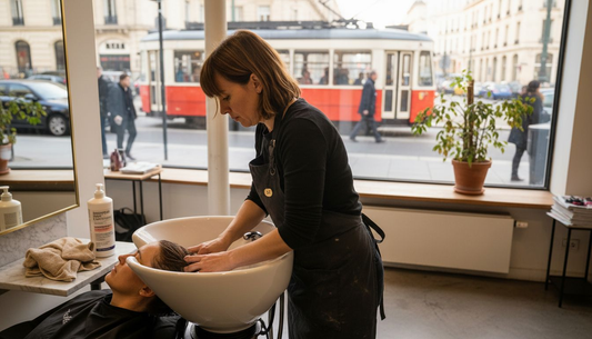 Une coiffeuse réalise un soin capillaire dans un salon de beauté professionnel.