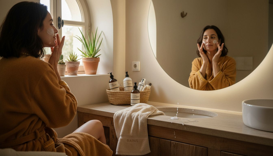 Une femme prend soin de sa peau devant le miroir de sa salle de bain.