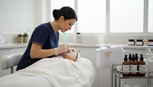 Une esthéticienne prodigue un soin du visage dans son institut.