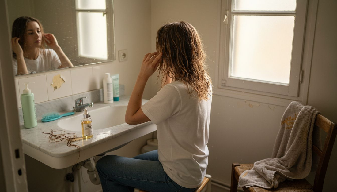 Une femme prend soin de ses cheveux devant le miroir de la salle de bain, appliquant délicatement un soin capillaire.