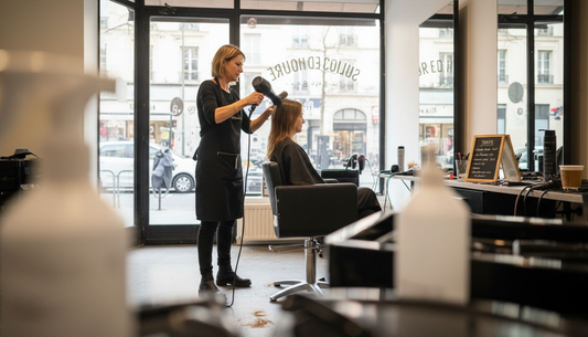 Une coiffeuse réalise un brushing avec un sèche-cheveux professionnel dans son salon.