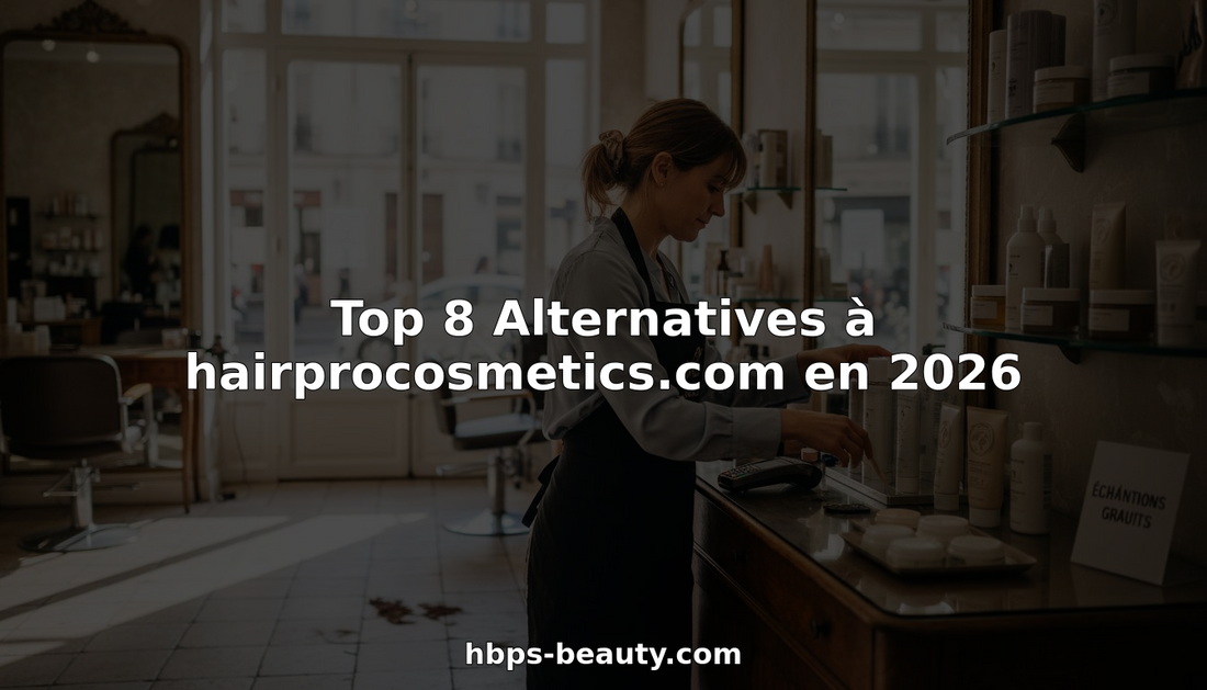 Une esthéticienne dispose soigneusement des soins capillaires sur les étagères d’un salon moderne.