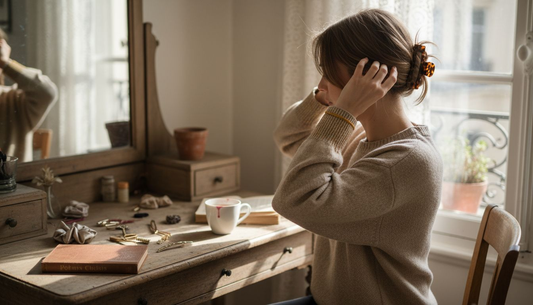 Une femme remet ses cheveux en place en glissant une barrette.