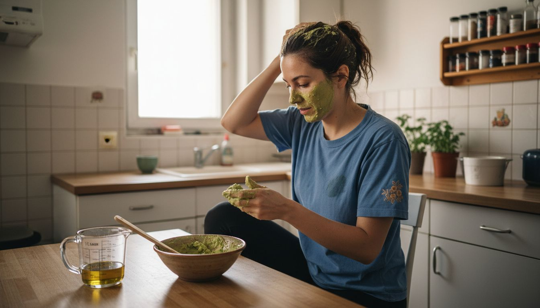 Une femme prend soin de sa chevelure en appliquant un masque capillaire maison à base d’avocat.