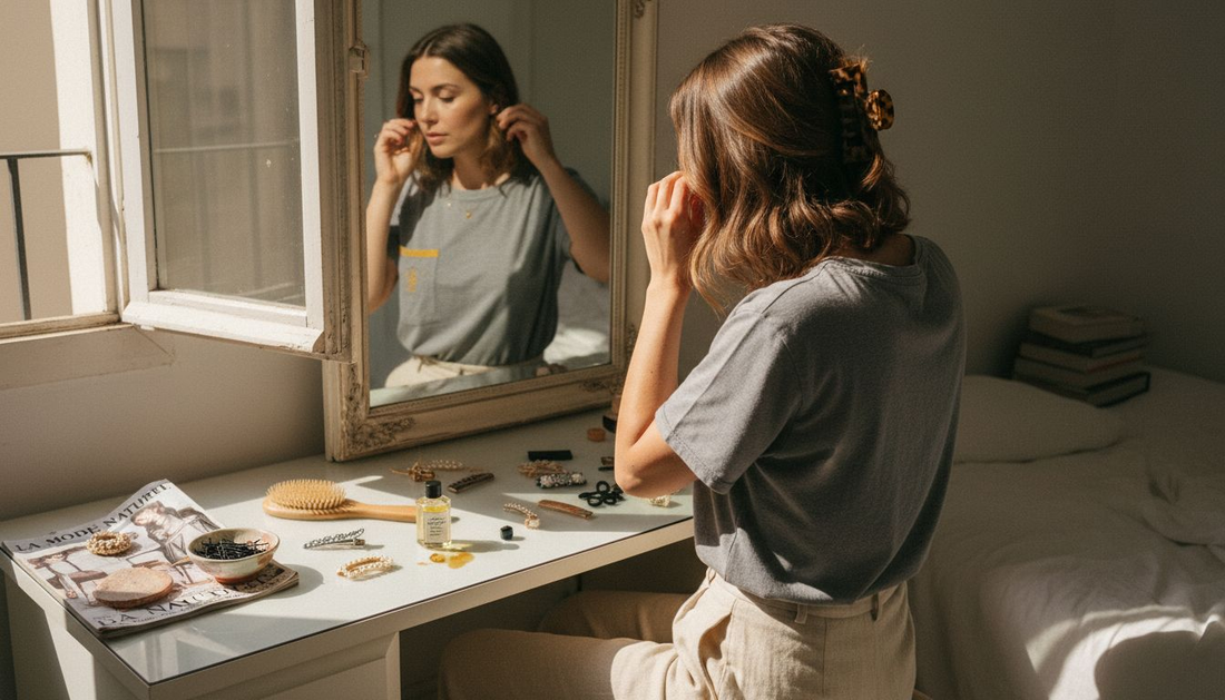 Une femme ajuste délicatement son accessoire dans les cheveux devant sa coiffeuse.