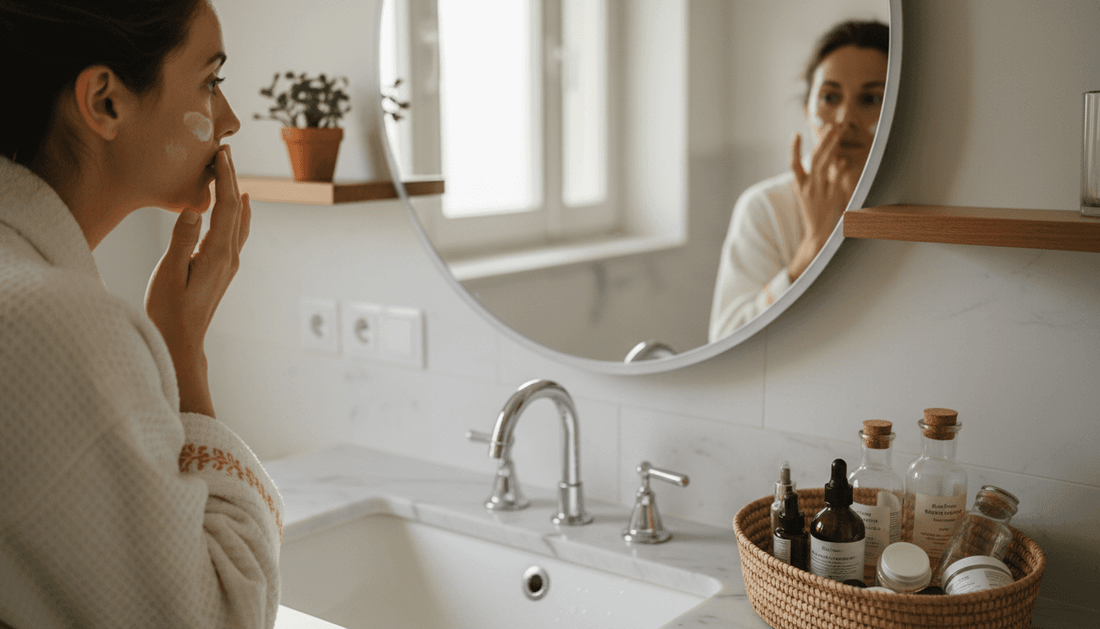 Une femme prenant soin de sa peau avec une routine beauté minimaliste dès le réveil.