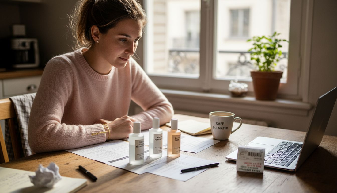 Une femme chez elle en train d’hésiter entre plusieurs produits de beauté, attentive aux différences pour trouver celui qui lui conviendra le mieux.