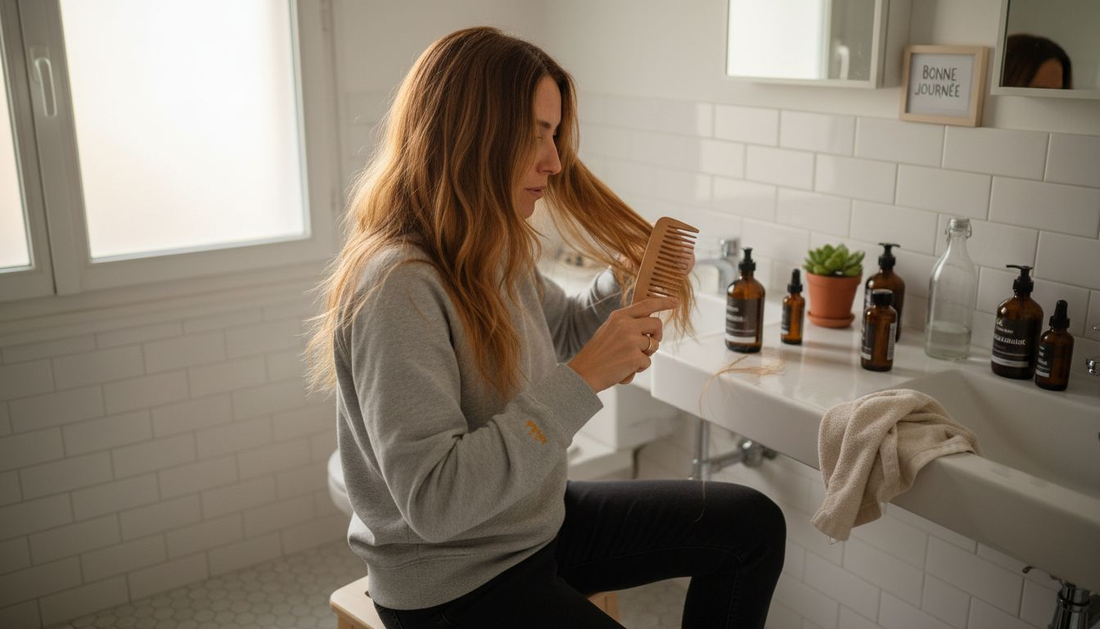 Une femme prend soin de sa chevelure en pleine routine beauté dans sa salle de bain.
