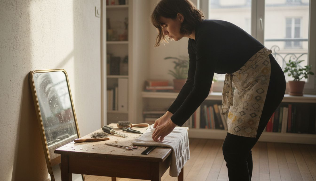 Une femme crée un coin coiffure chez elle pour prendre soin de ses cheveux à domicile.