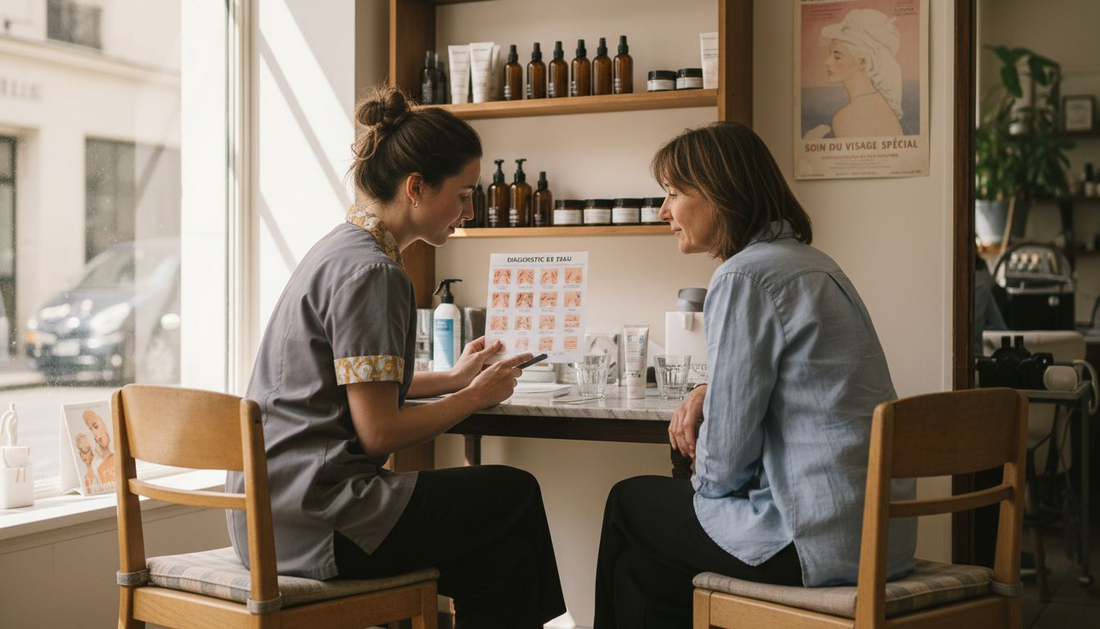 Une esthéticienne reçoit sa cliente pour un entretien personnalisé en institut.