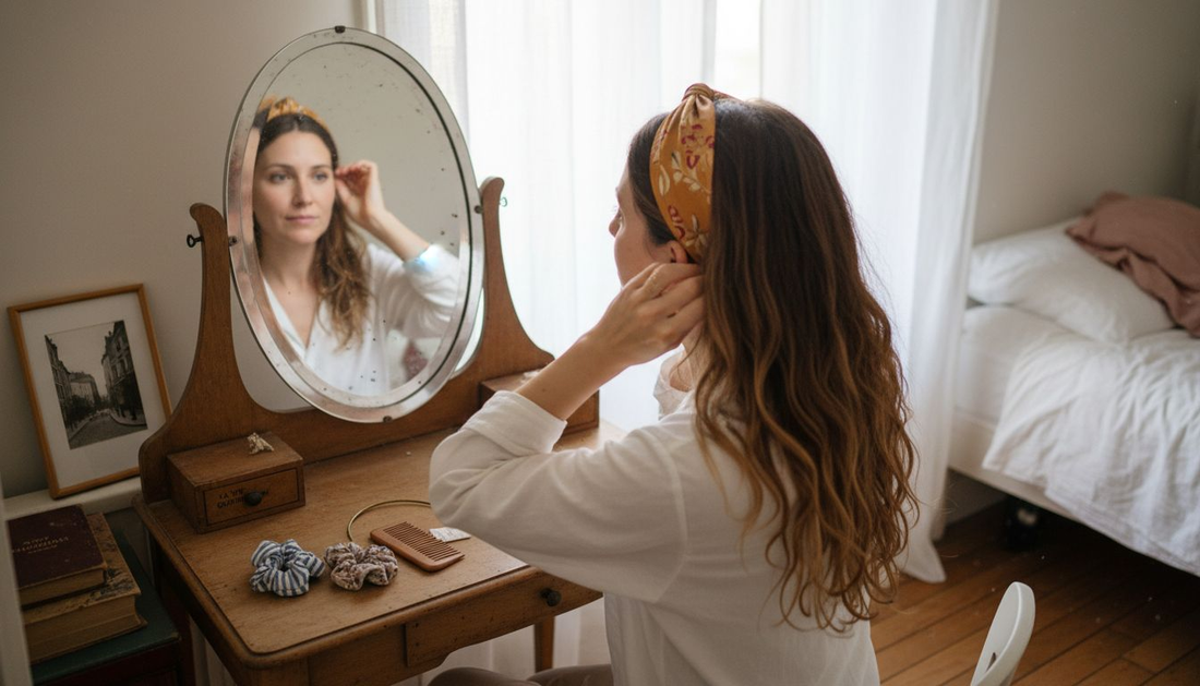 Assise devant sa coiffeuse, une femme ajuste délicatement un accessoire en soie dans ses cheveux.