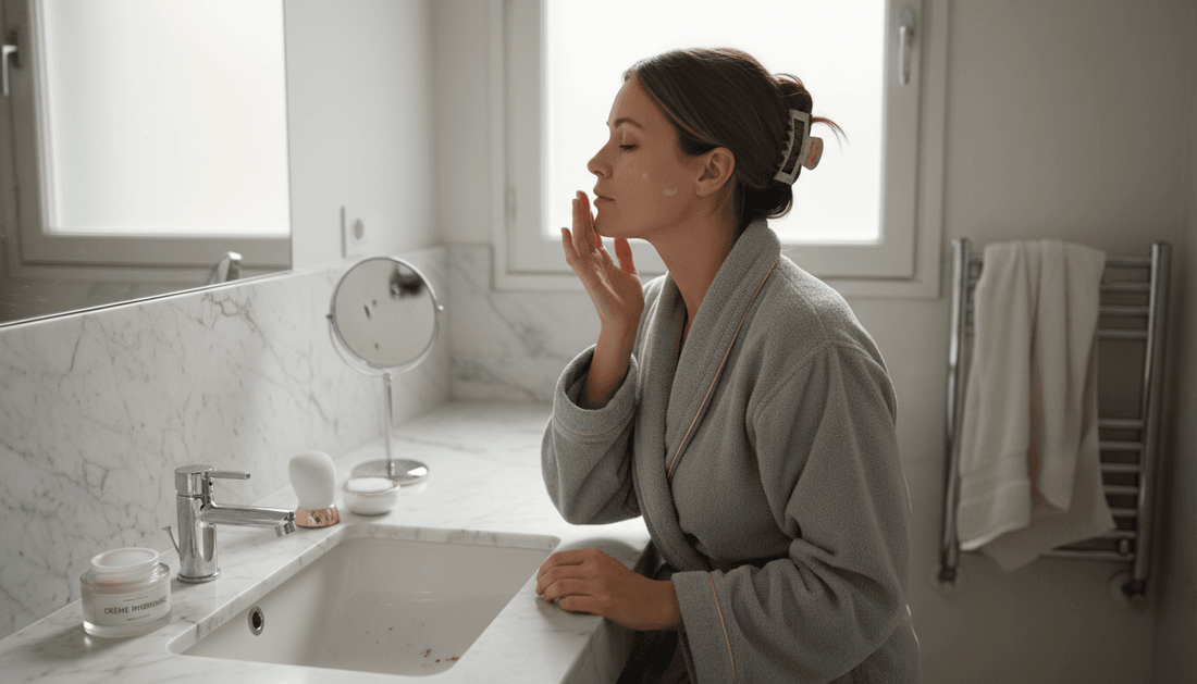 Dans une salle de bain raffinée, une femme prend soin de sa peau en appliquant délicatement son sérum.