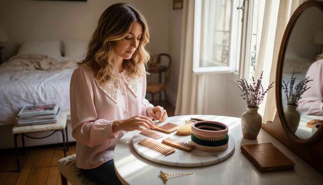 Assise devant sa coiffeuse, une femme hésite entre différents accessoires tendance pour sublimer sa coiffure.